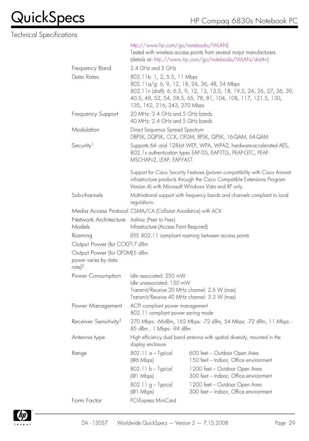 HP 6830s manual DBPSK, DQPSK, CCK, OFDM, BPSK, QPSK, 16-QAM, 64-QAM, DBm , 1 Mbps -94 dBm 