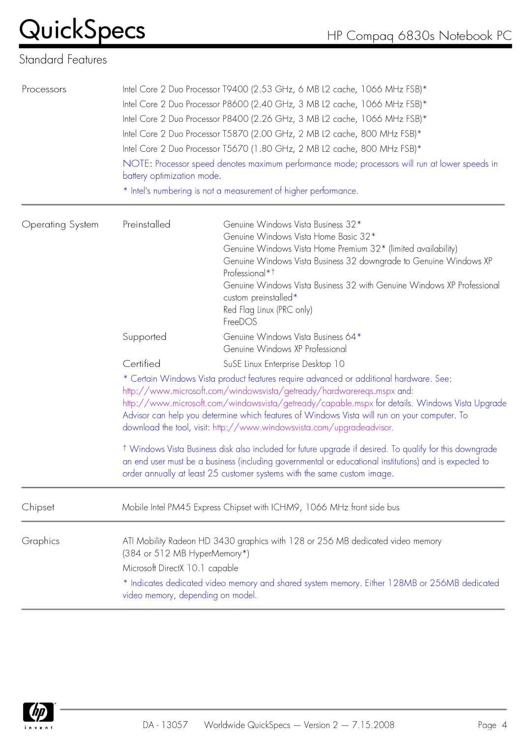 HP manual HP Compaq 6830s Notebook PC Standard Features 