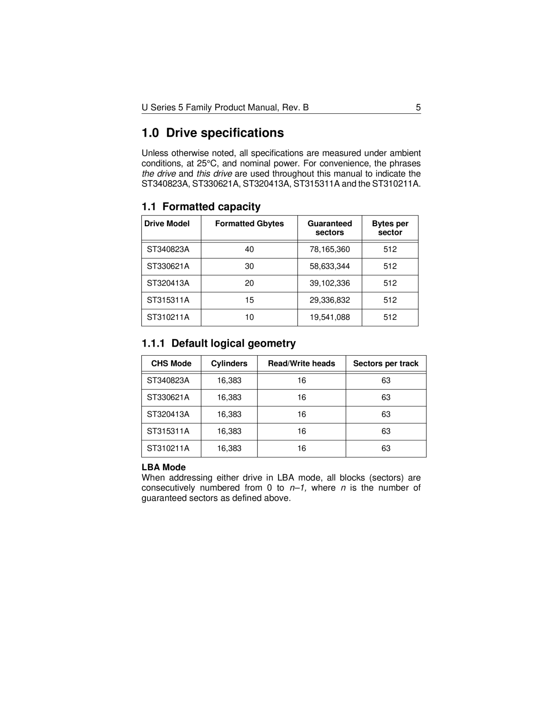 HP 6831 (LA), 6738 (US), 8829 (LA), 8822 (LA) manual Formatted capacity, Default logical geometry, LBA Mode 