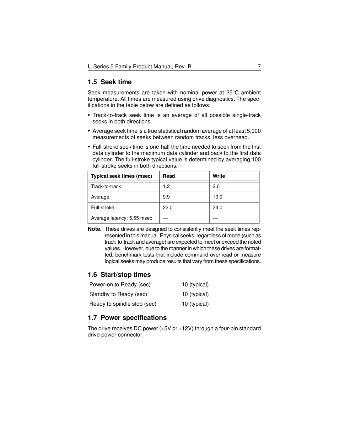 HP 8829 (LA), 6831 (LA), 6738 (US), 8822 (LA) manual Seek time, Start/stop times, Power specifications 