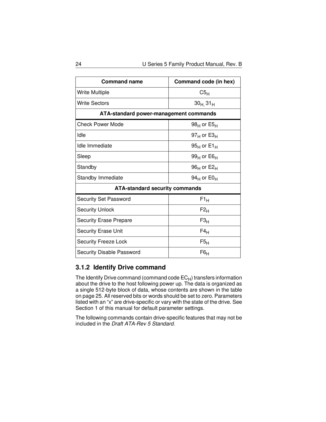 HP 8822 (LA) Identify Drive command, Command name, ATA-standard power-management commands, ATA-standard security commands 