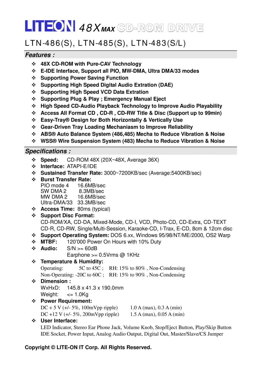 HP 7851 (LA), 6831 (LA), 7708 (AP), 7705 (AP) manual 48XMAX, LTN-486S, LTN-485S, LTN-483S/L, Features, Specifications 