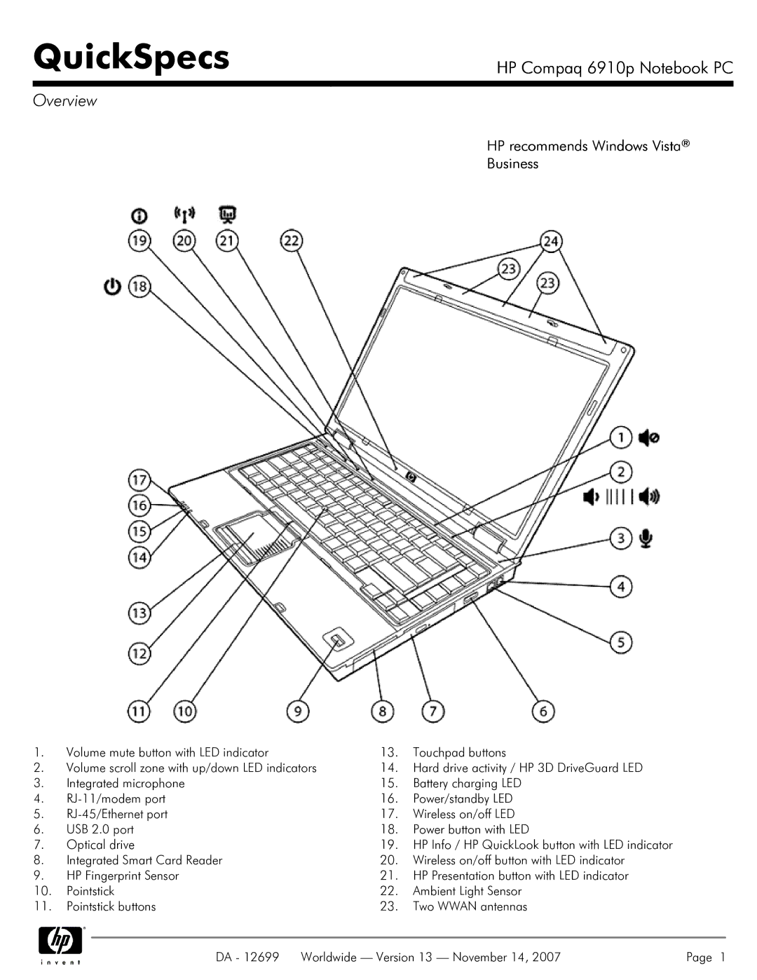 HP 6910p manual QuickSpecs, Overview 