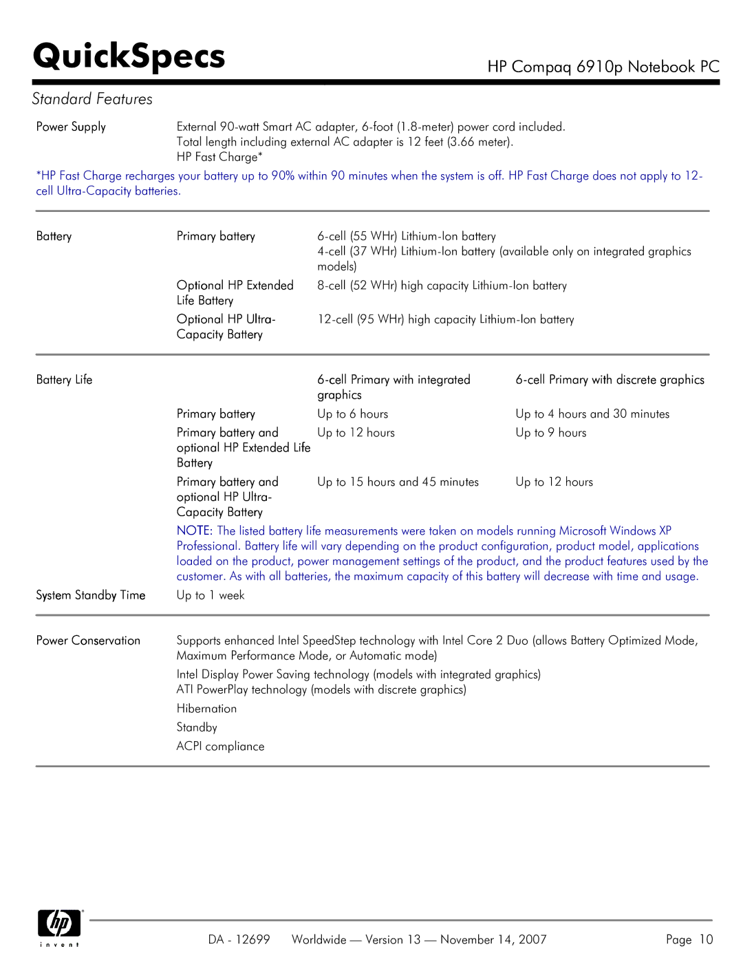 HP 6910p Power Supply, Battery Primary battery, Optional HP Extended, Life Battery Optional HP Ultra, System Standby Time 