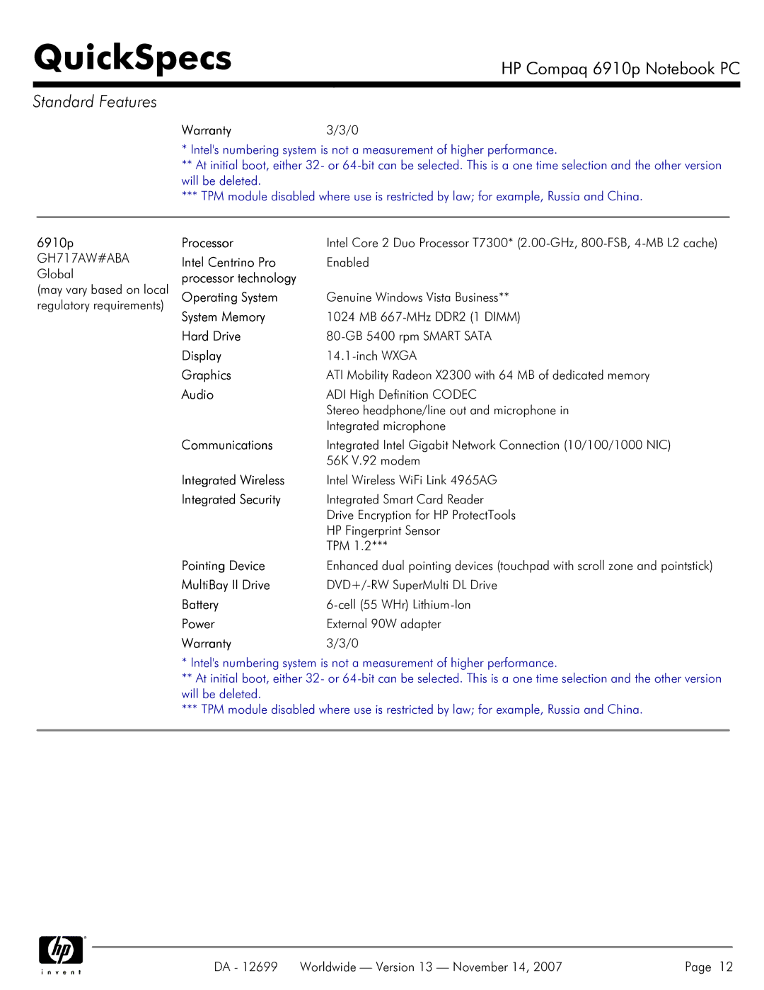 HP 6910p manual Warranty3/3/0, GH717AW#ABA Global, ATI Mobility Radeon X2300 with 64 MB of dedicated memory 