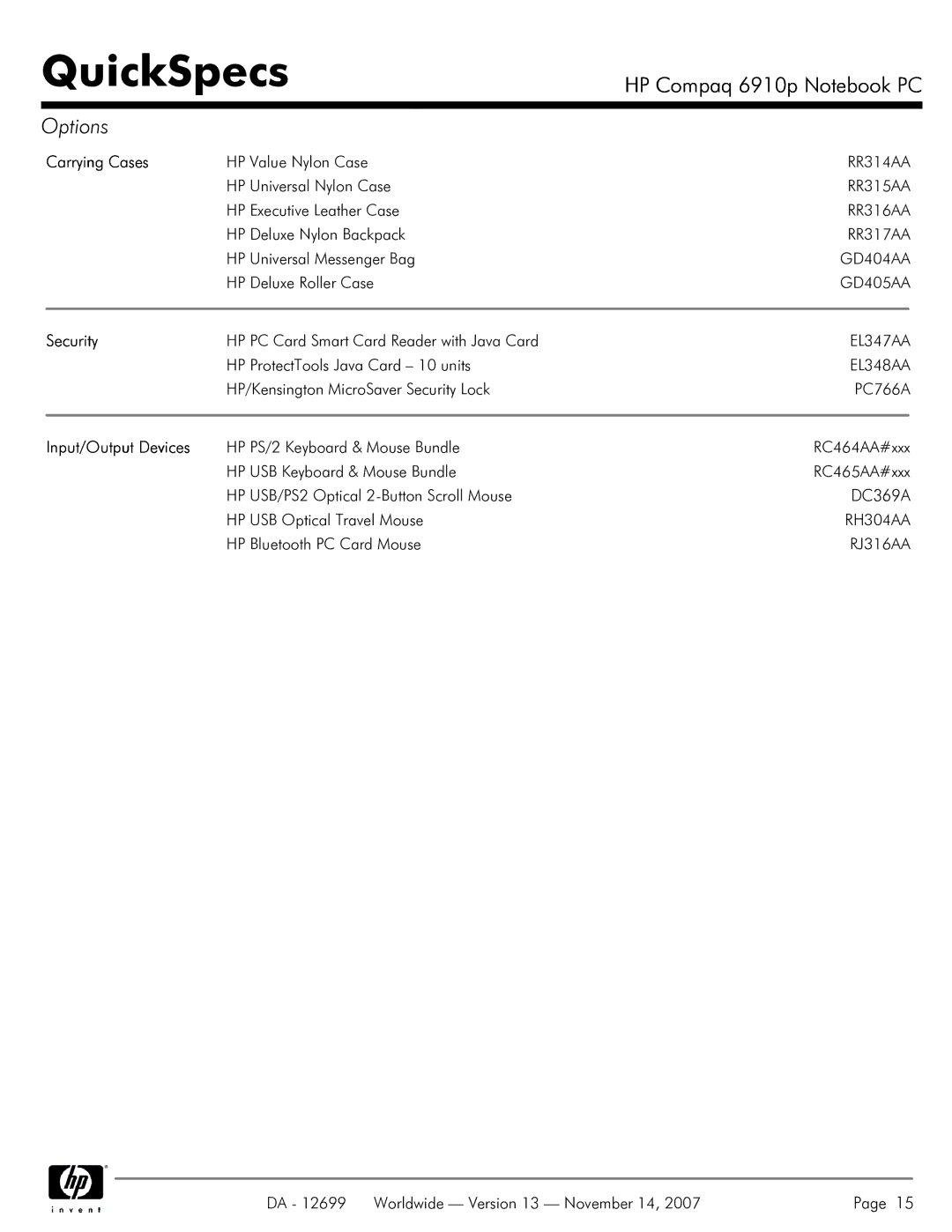 HP 6910p manual Carrying Cases, Security, Input/Output Devices 