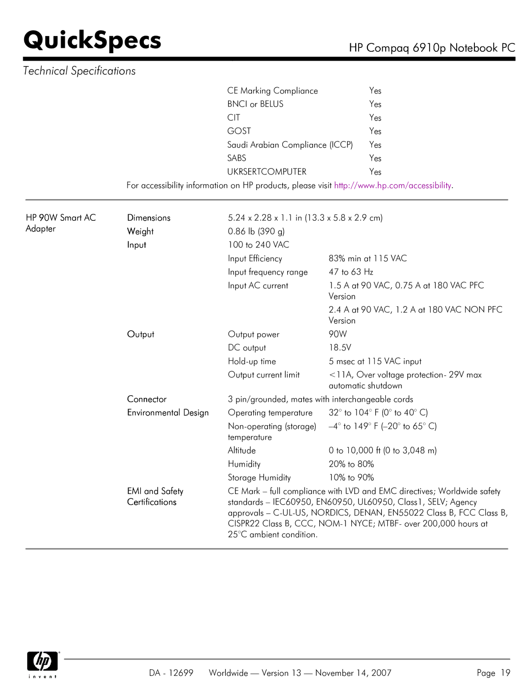 HP 6910p manual HP 90W Smart AC Dimensions, Adapter Weight, Input, Output, Connector, Environmental Design, EMI and Safety 