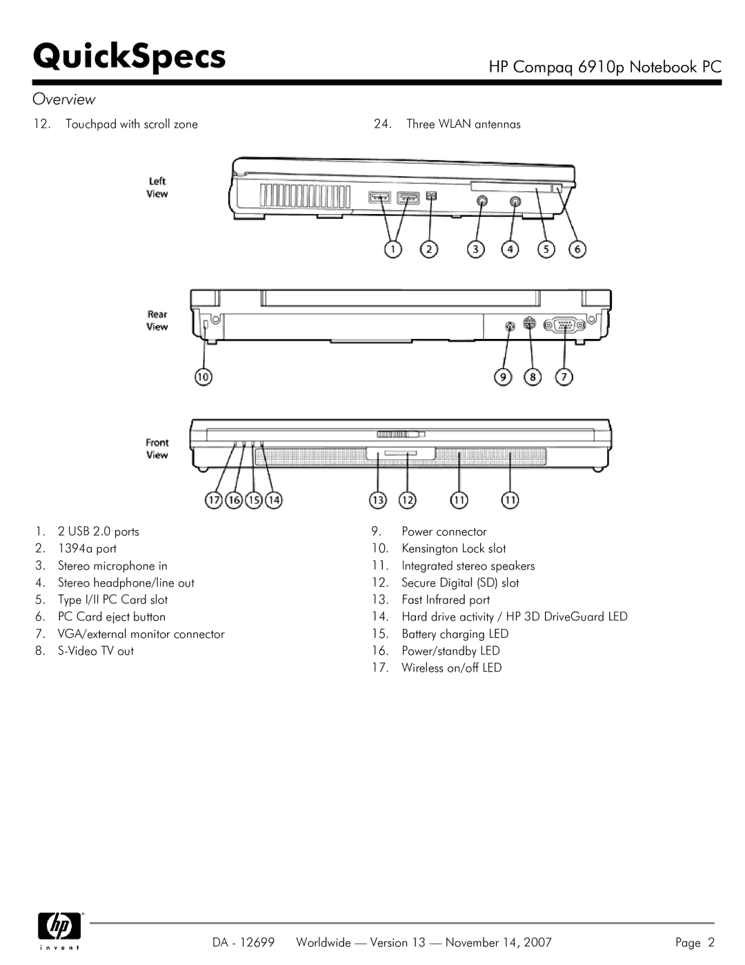 HP 6910p manual Hard drive activity / HP 3D DriveGuard LED 