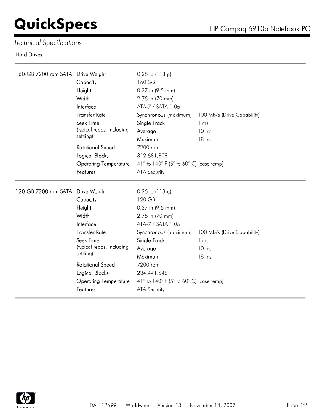 HP 6910p manual Hard Drives 160-GB 7200 rpm Sata Drive Weight, Capacity, Height, Width, Interface, Transfer Rate, Average 