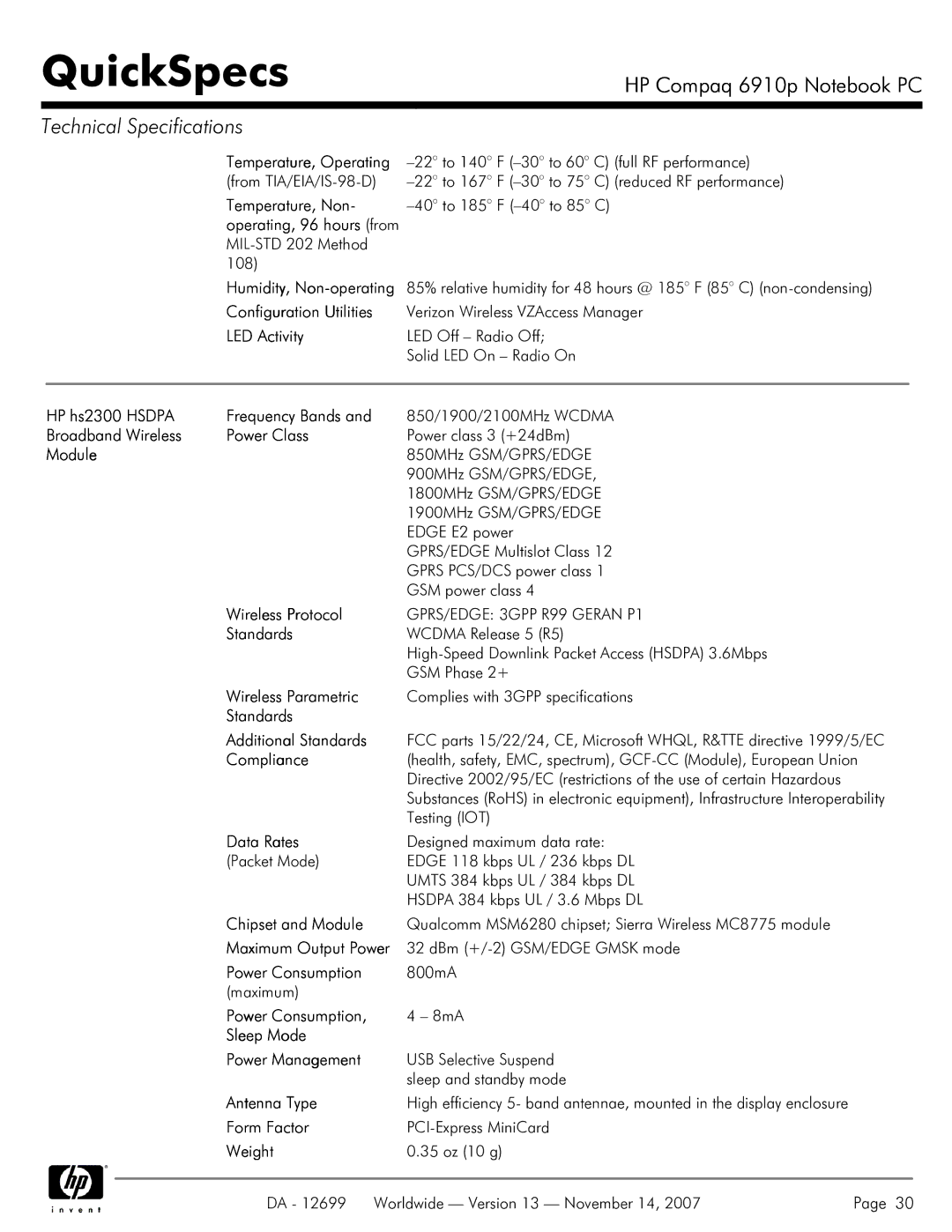 HP 6910p Temperature, Non, Configuration Utilities, LED Activity, HP hs2300 Hsdpa Frequency Bands, Compliance, Data Rates 