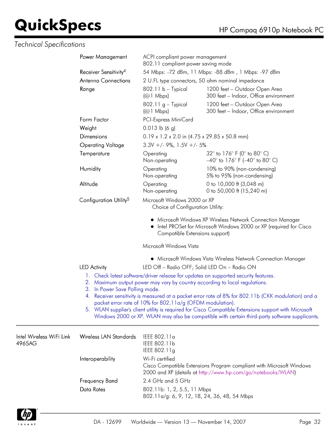 HP 6910p manual Receiver Sensitivity, Antenna Connections, Range, Operating Voltage, Humidity, Configuration Utility 