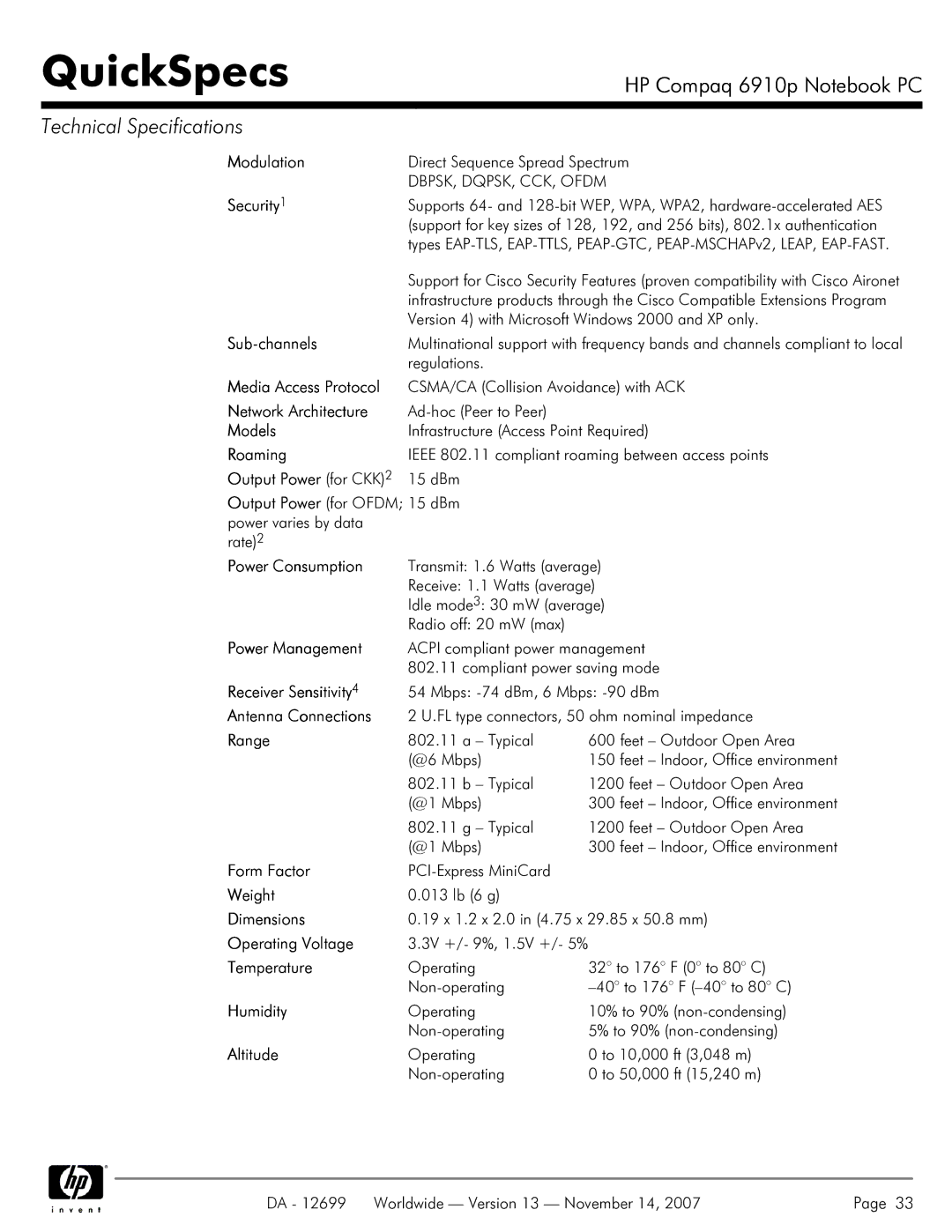 HP 6910p manual Version 4 with Microsoft Windows 2000 and XP only, Transmit 1.6 Watts average, Receive 1.1 Watts average 