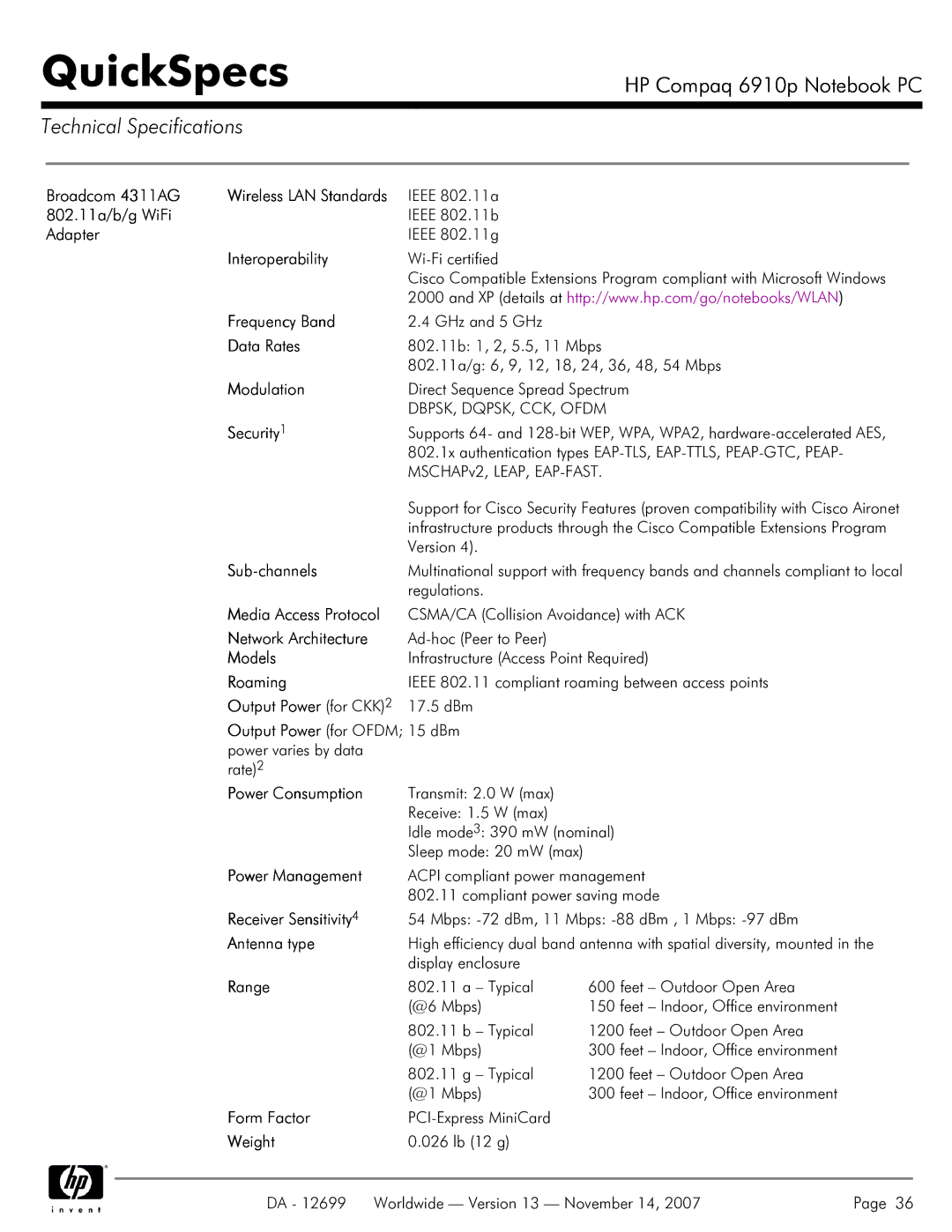 HP 6910p manual Technical Specifications5, Broadcom 4311AG, 802.11a/b/g WiFi, Adapter 