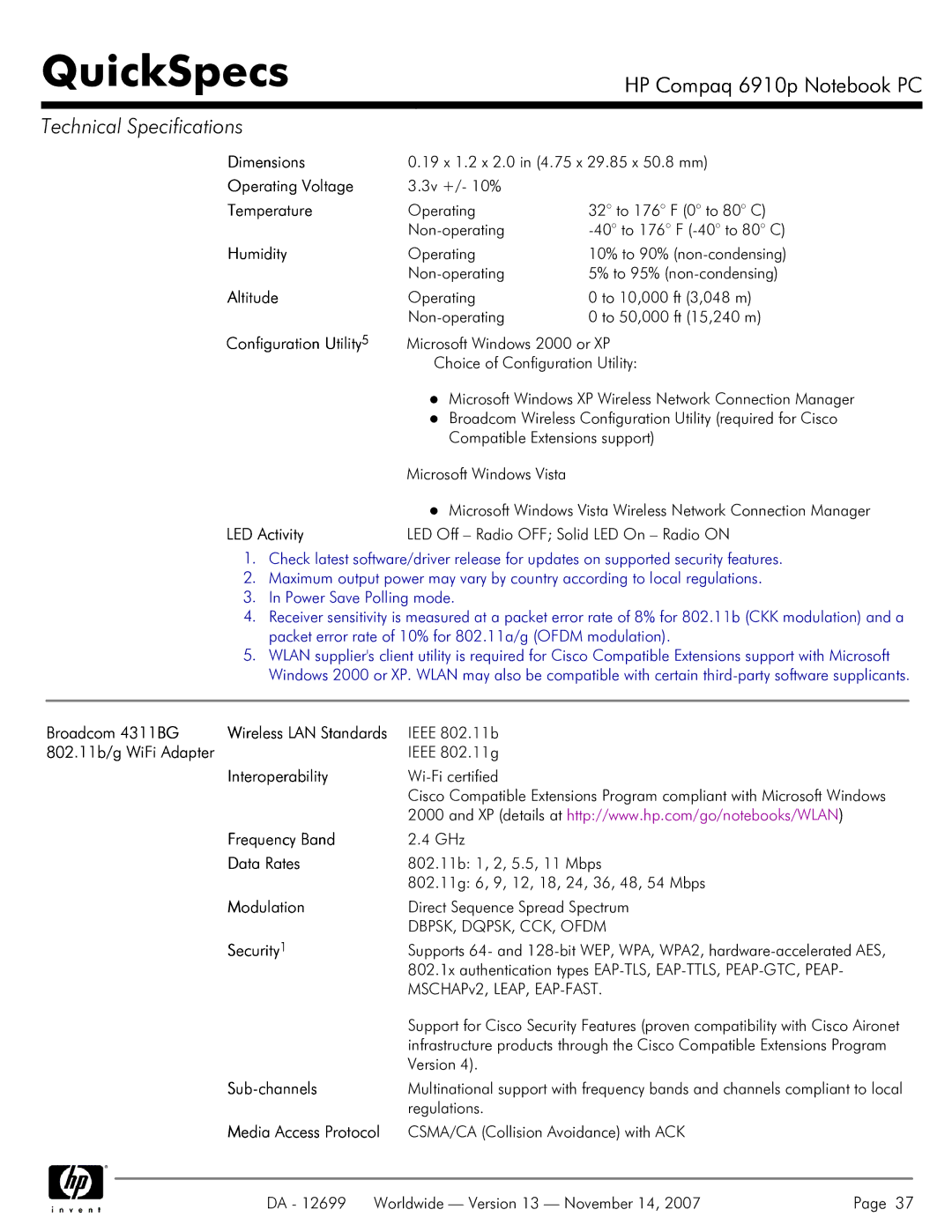 HP 6910p manual Operating 32 to 176 F 0 to 80 C Non-operating, Broadcom Wireless Configuration Utility required for Cisco 