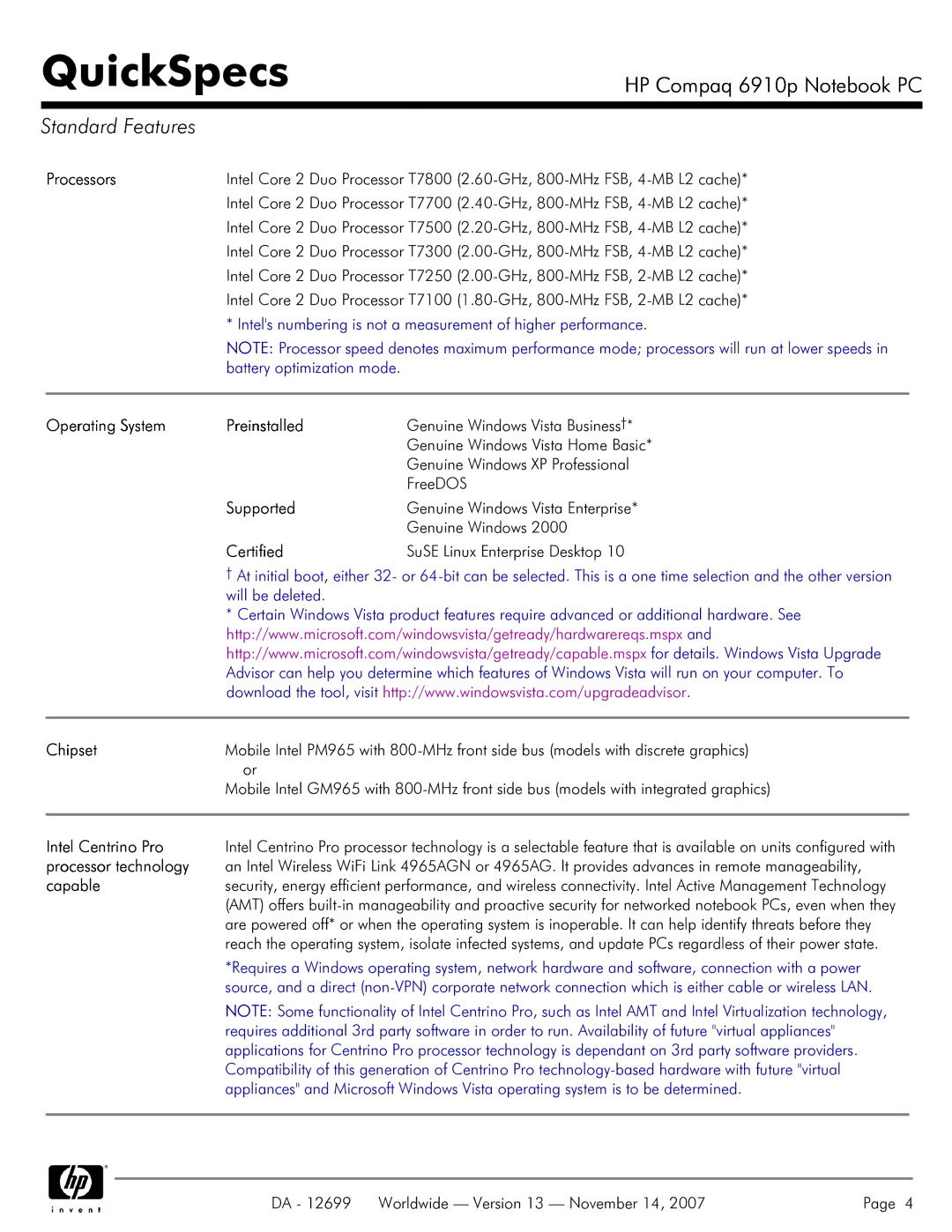 HP 6910p manual Standard Features 