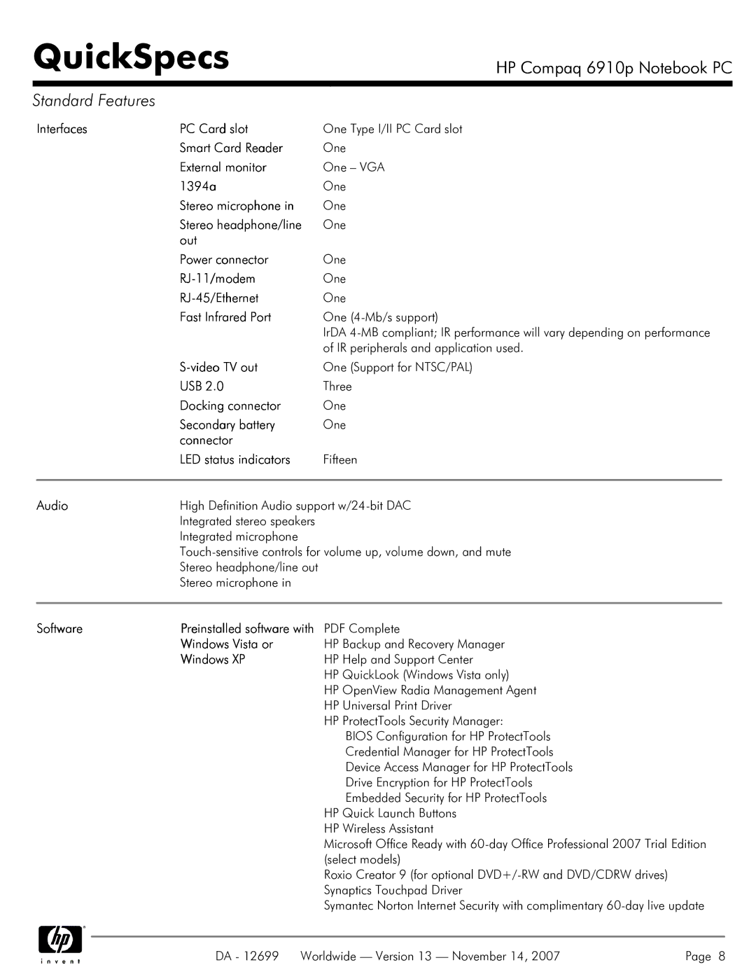 HP 6910p Interfaces PC Card slot, Smart Card Reader, External monitor, 1394a, Stereo microphone, Stereo headphone/line 