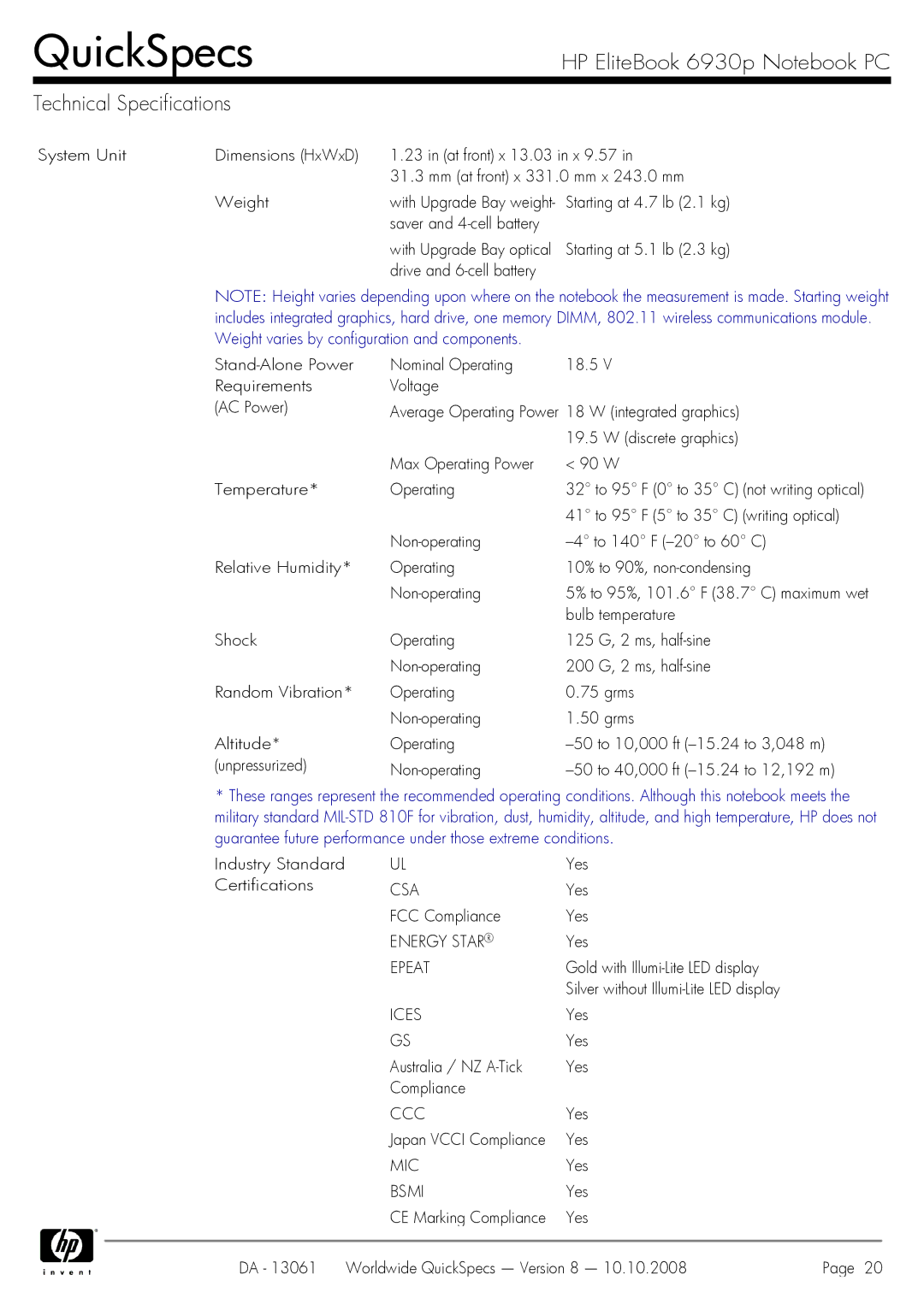 HP 6930p manual Csa, Energy Star, Epeat, Ices, Ccc, Mic, Bsmi 