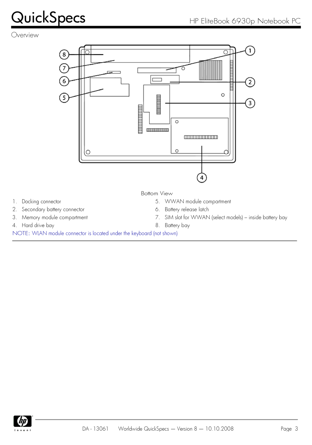 HP 6930p manual Bottom View 