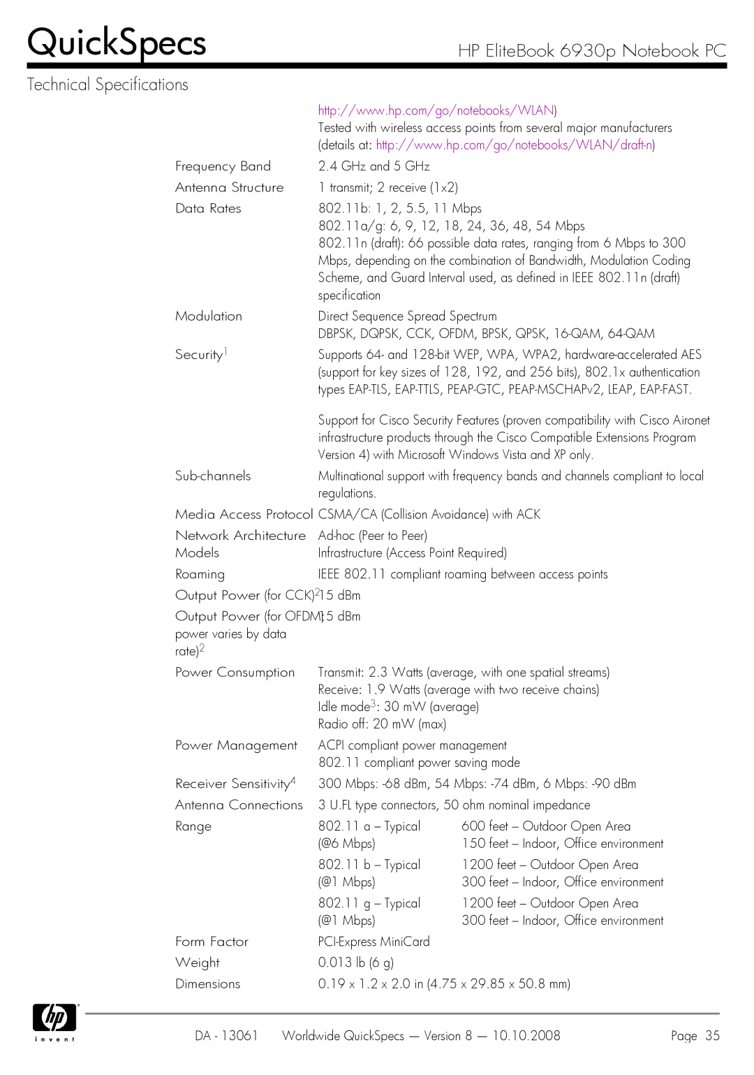 HP 6930p manual Frequency Band GHz and 5 GHz Antenna Structure 