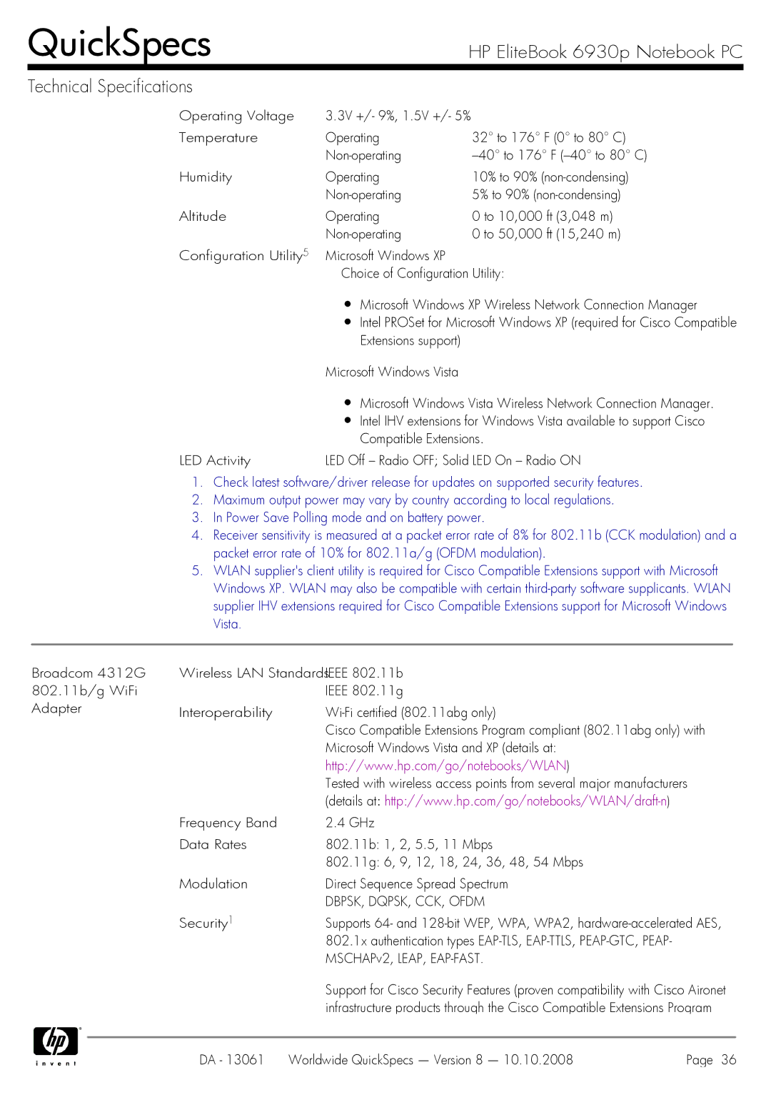 HP 6930p manual DBPSK, DQPSK, CCK, Ofdm, Security1 