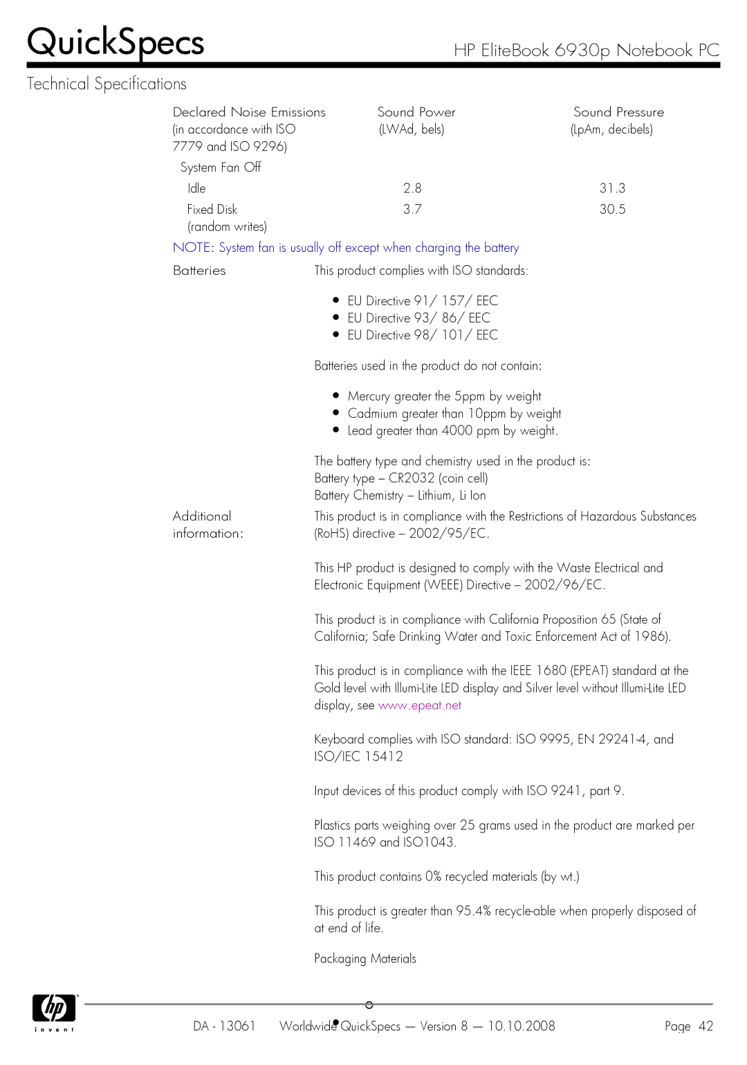 HP 6930p manual LpAm, decibels 