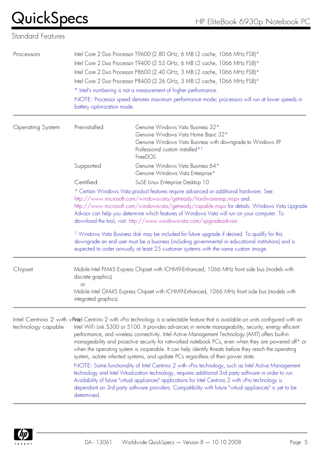 HP manual HP EliteBook 6930p Notebook PC Standard Features, Intels numbering is not a measurement of higher performance 