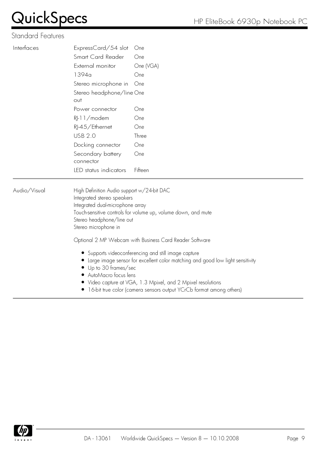 HP 6930p manual QuickSpecs 