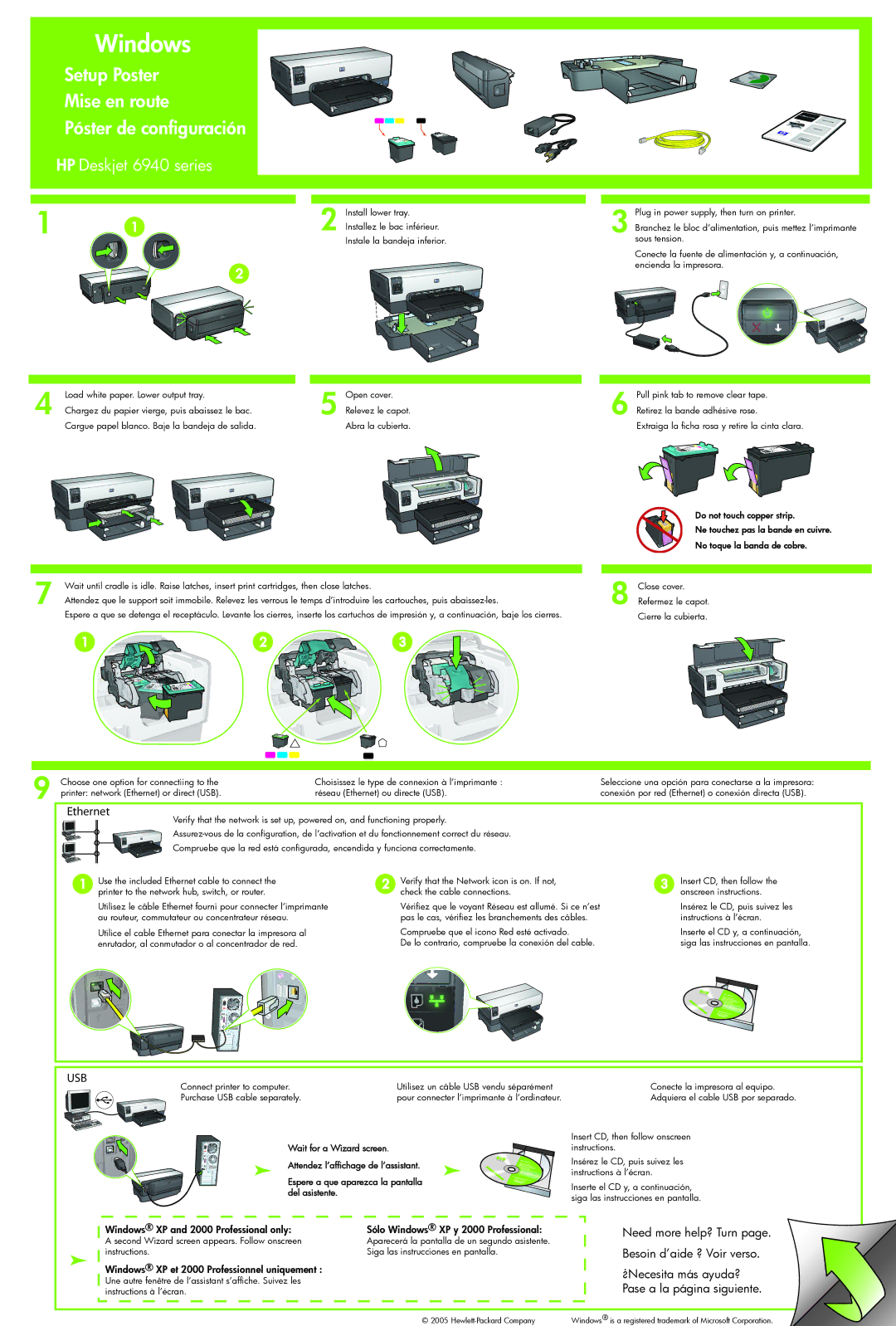 HP manual Windows, Setup Poster Mise en route Póster de configuración, HP Deskjet 6940 series, Ethernet, Usb 