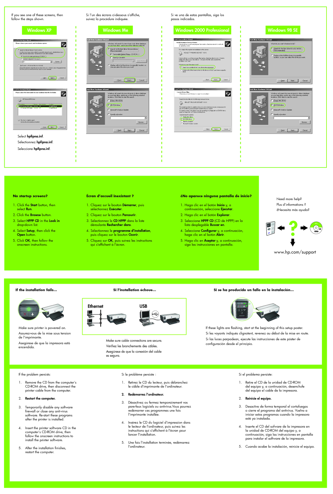 HP 6940 manual Windows XP, Windows Me Windows 2000 Professional Windows 98 SE, EthernetUSB 