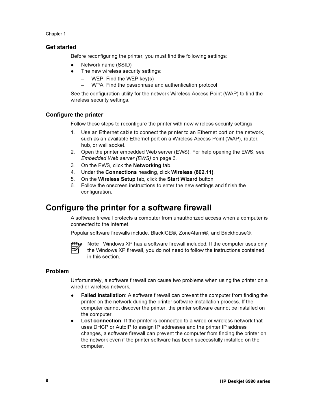 HP 6980 Configure the printer for a software firewall, Get started, Problem, Under the Connections heading, click Wireless 