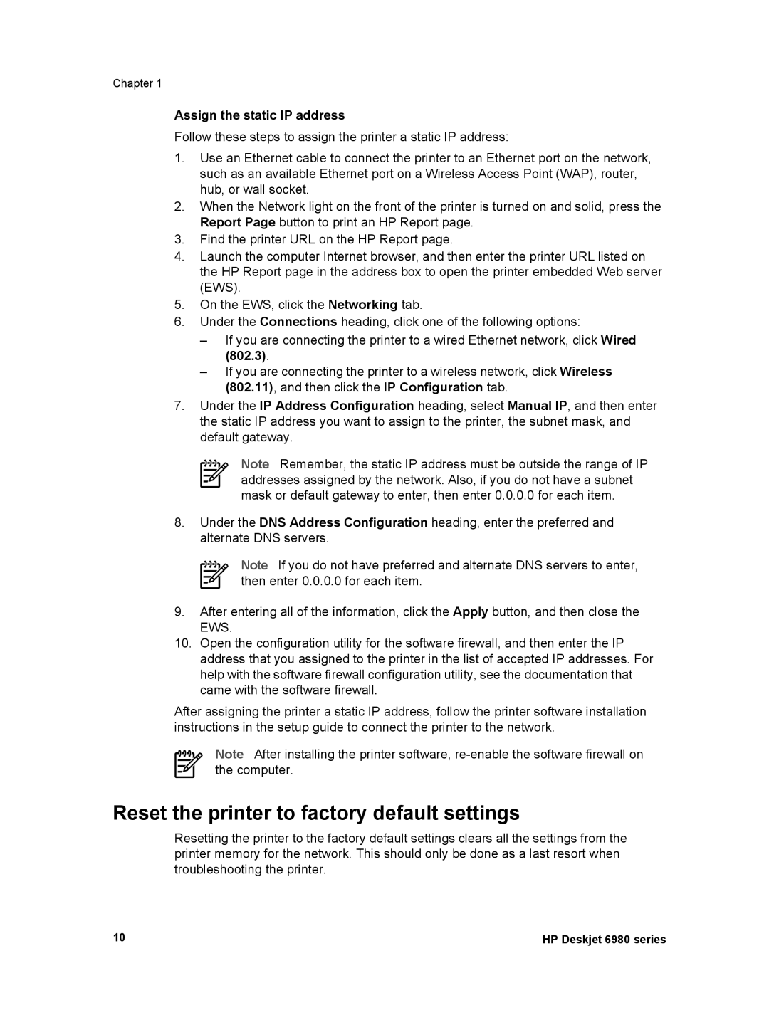 HP 6980 manual Reset the printer to factory default settings, Assign the static IP address 