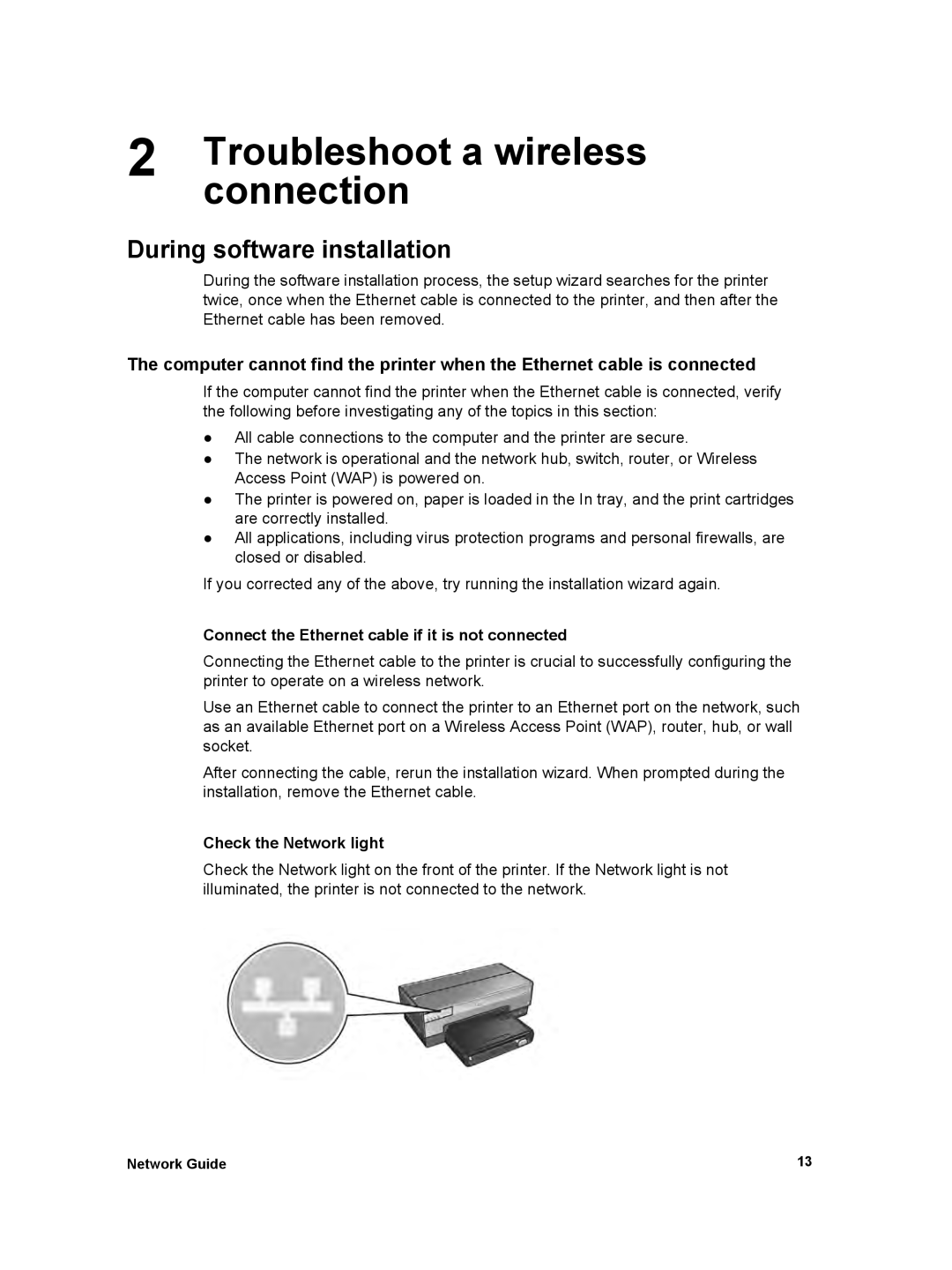 HP 6980 manual During software installation, Connect the Ethernet cable if it is not connected, Check the Network light 