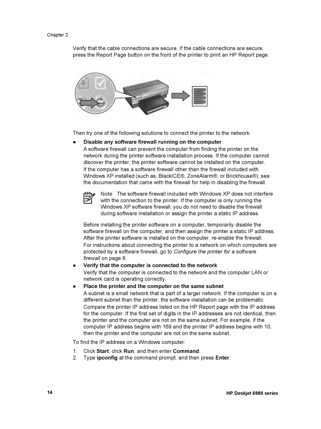 HP 6980 manual Disable any software firewall running on the computer, Verify that the computer is connected to the network 