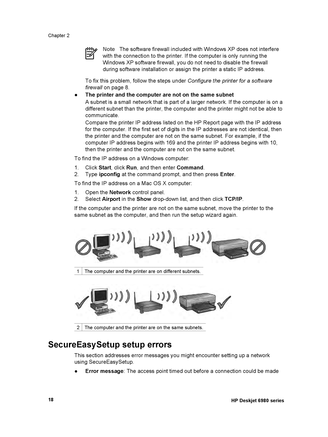 HP 6980 manual SecureEasySetup setup errors, Printer and the computer are not on the same subnet 