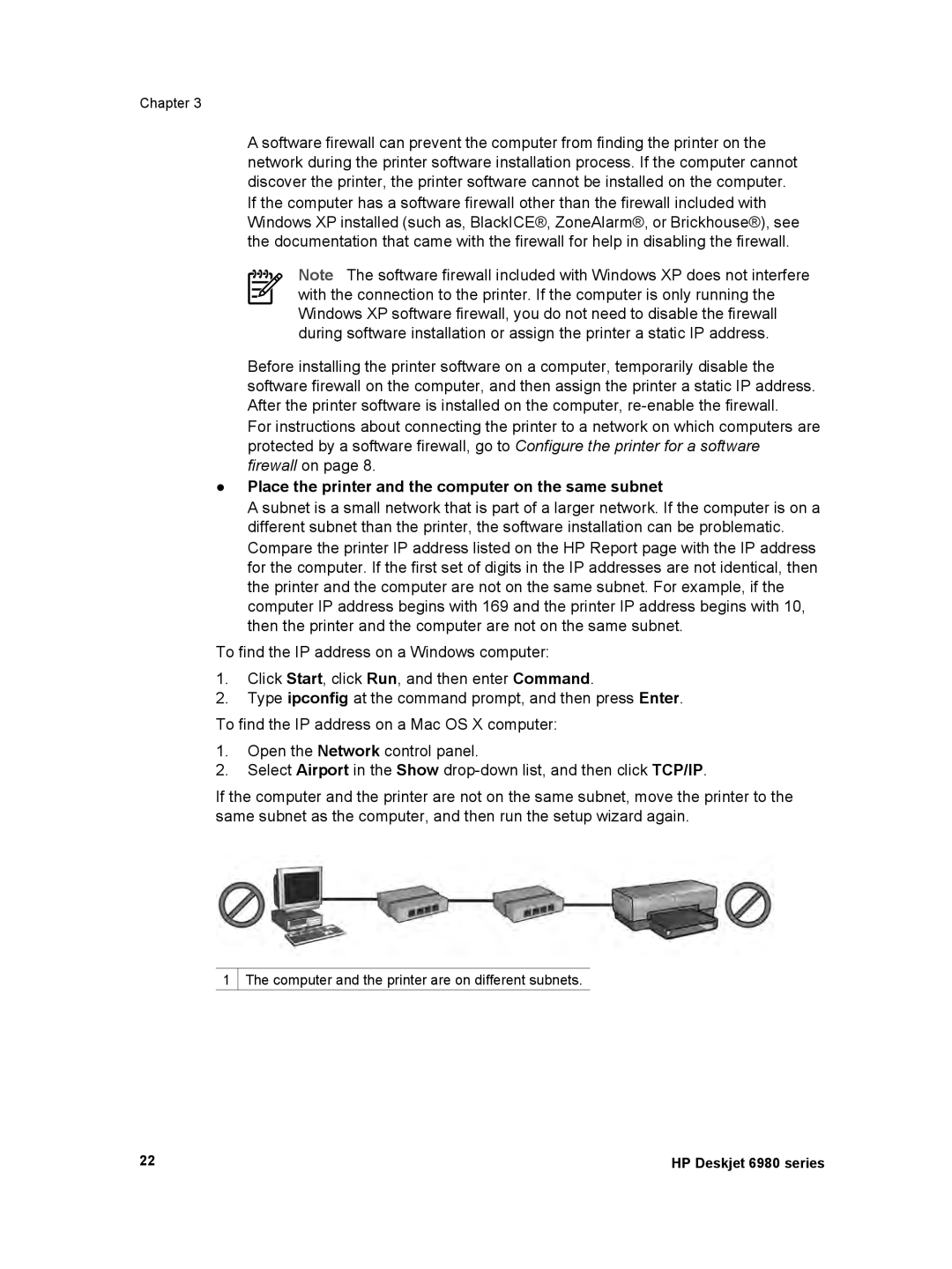 HP 6980 manual Computer and the printer are on different subnets 