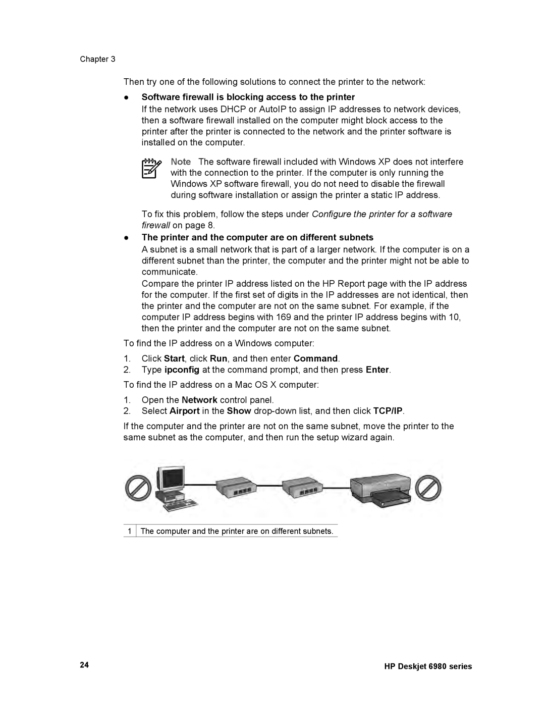 HP 6980 manual Software firewall is blocking access to the printer, Printer and the computer are on different subnets 