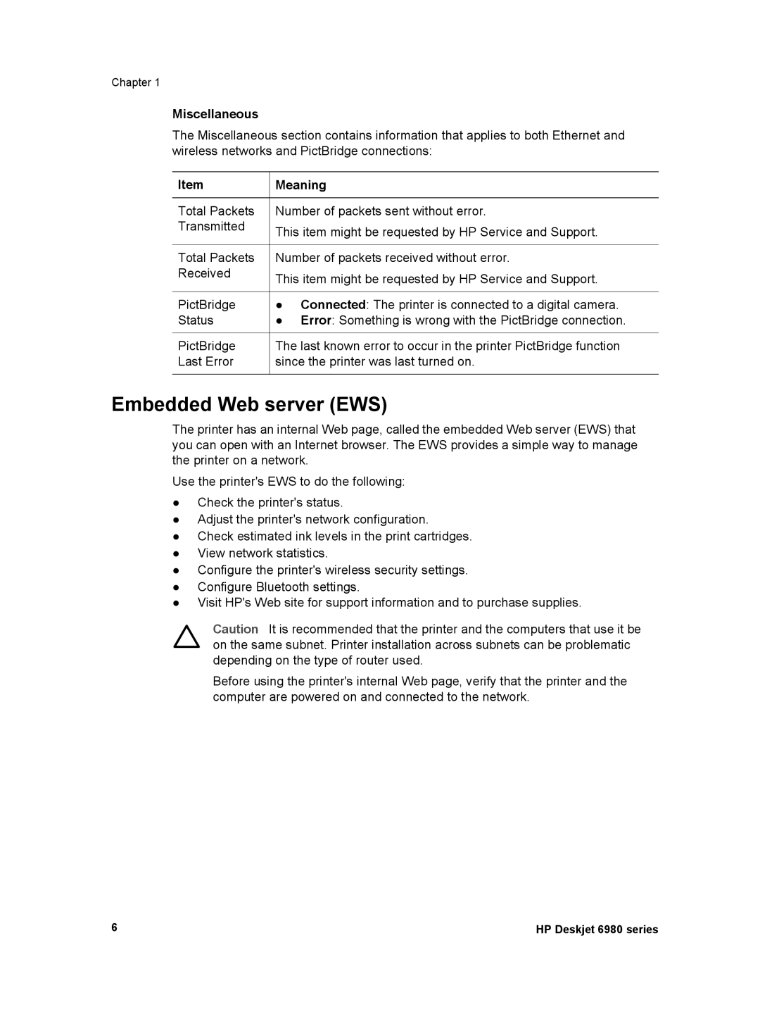 HP 6980 manual Embedded Web server EWS, Miscellaneous, Item Meaning 