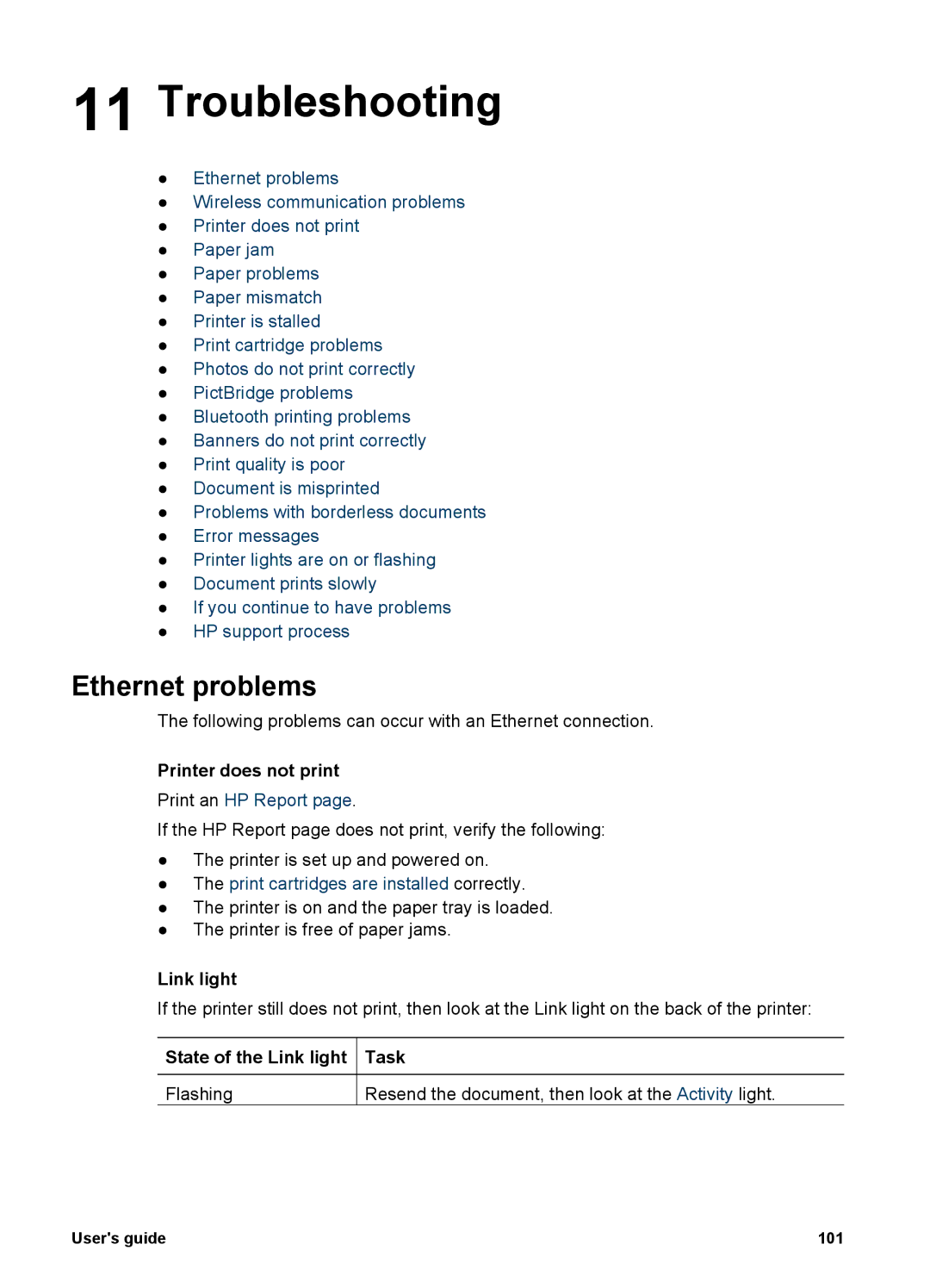 HP 6980 manual Troubleshooting, Ethernet problems, Printer does not print, State of the Link light Task 