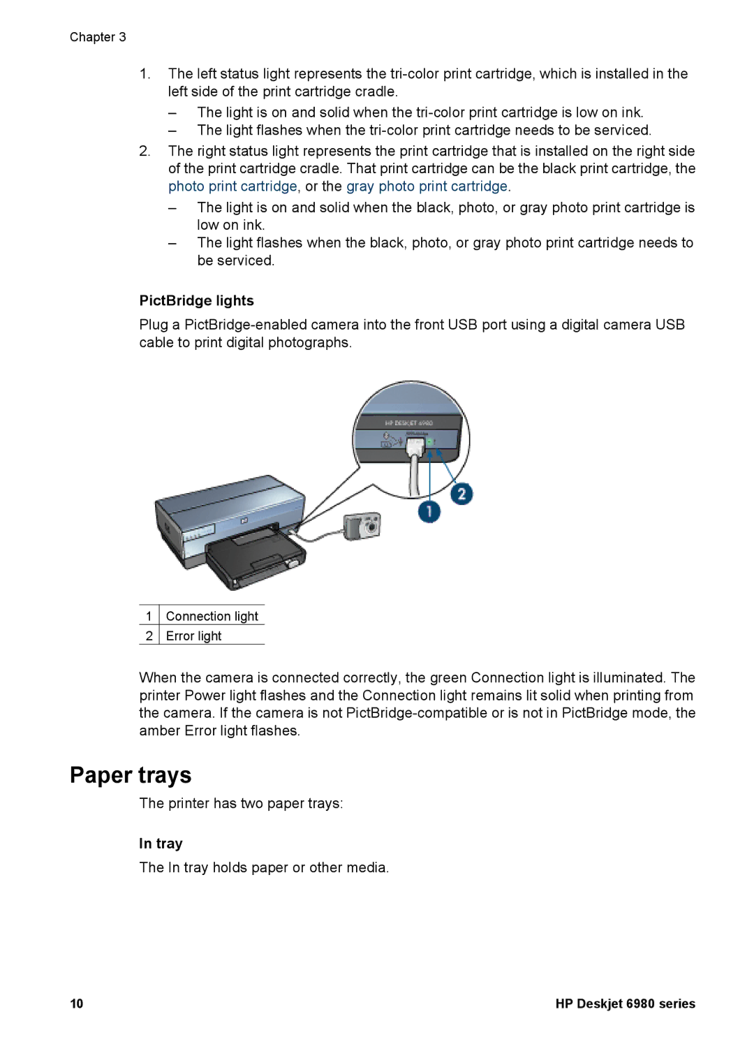 HP 6980 manual Paper trays, PictBridge lights, Tray 