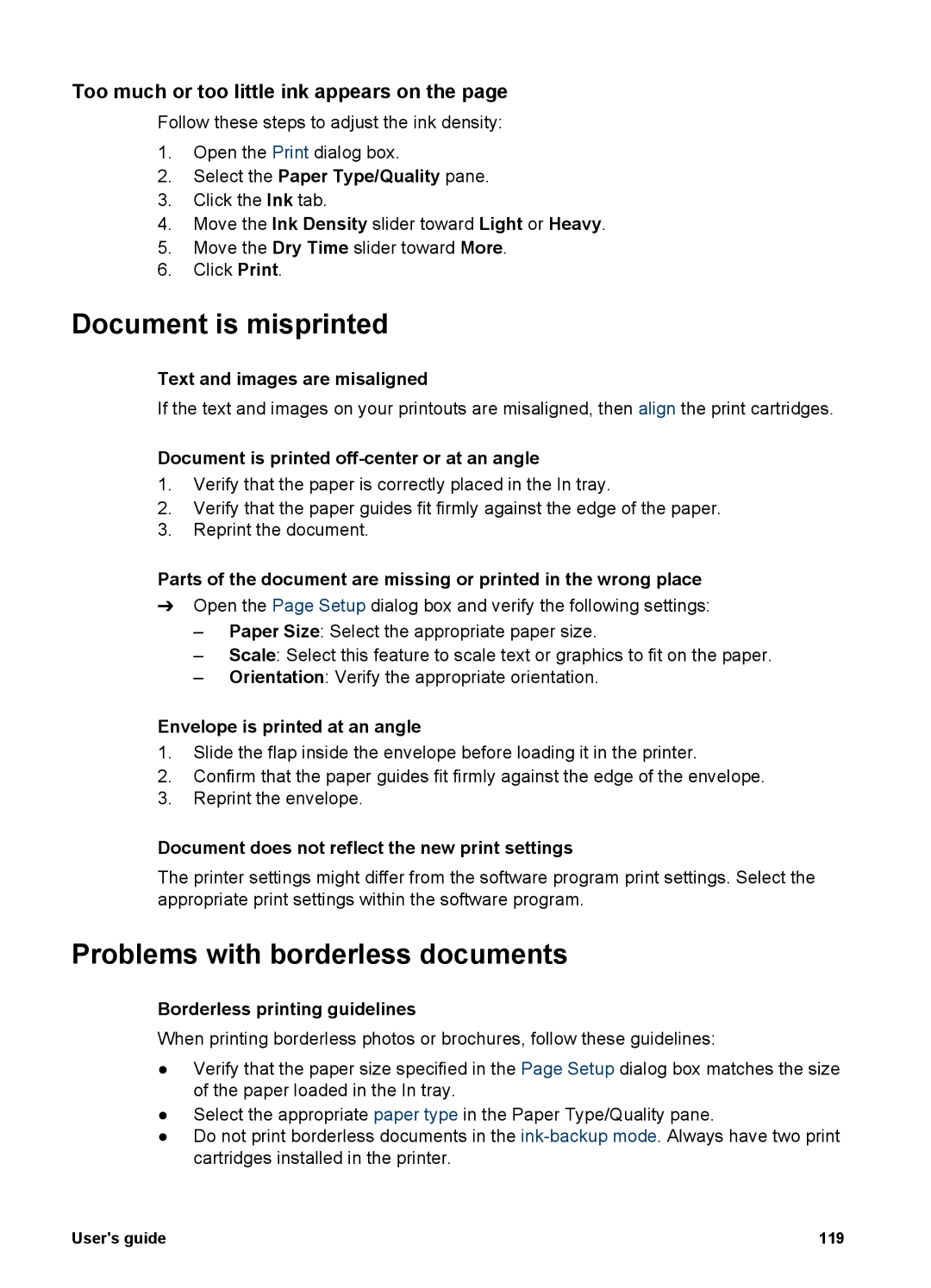 HP 6980 manual Document is misprinted, Problems with borderless documents, Too much or too little ink appears on 