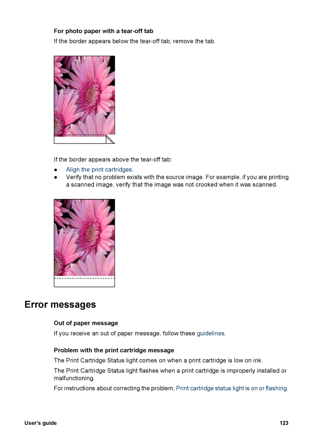 HP 6980 manual Error messages, For photo paper with a tear-off tab, Out of paper message 