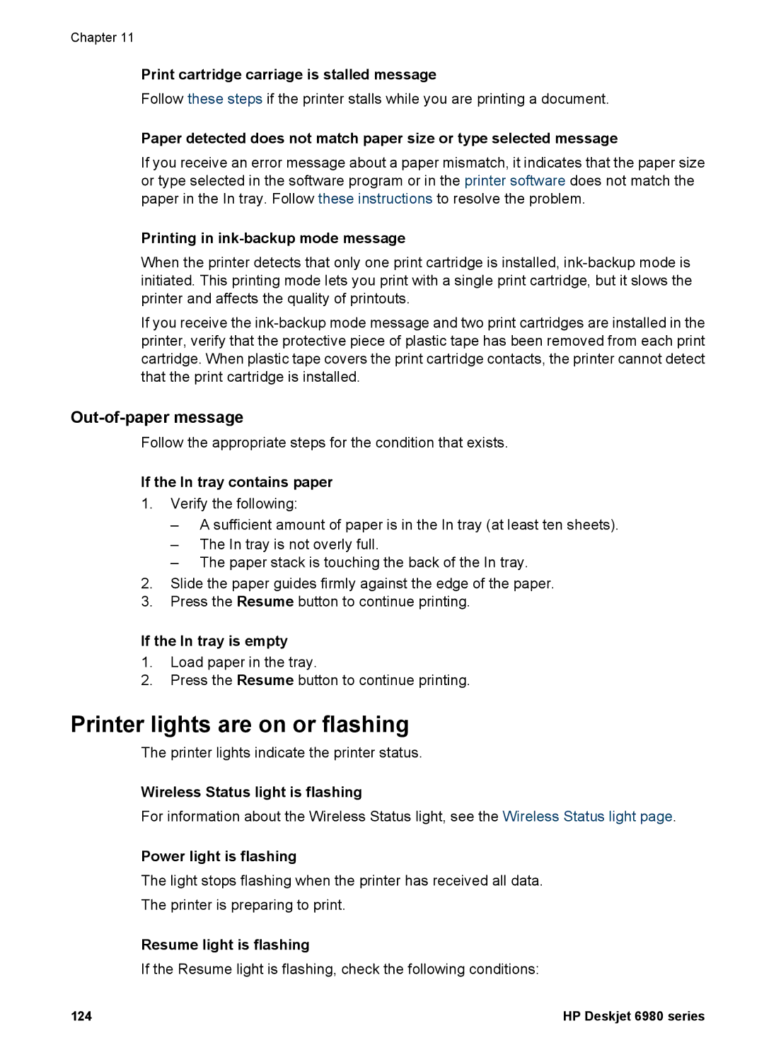 HP 6980 manual Printer lights are on or flashing, Out-of-paper message 