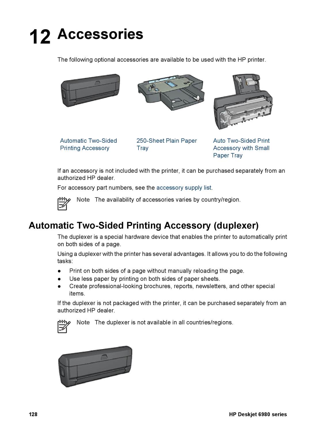 HP 6980 manual Accessories, Automatic Two-Sided Printing Accessory duplexer 