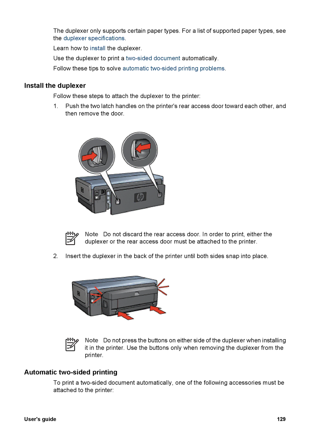 HP 6980 manual Install the duplexer, Automatic two-sided printing 