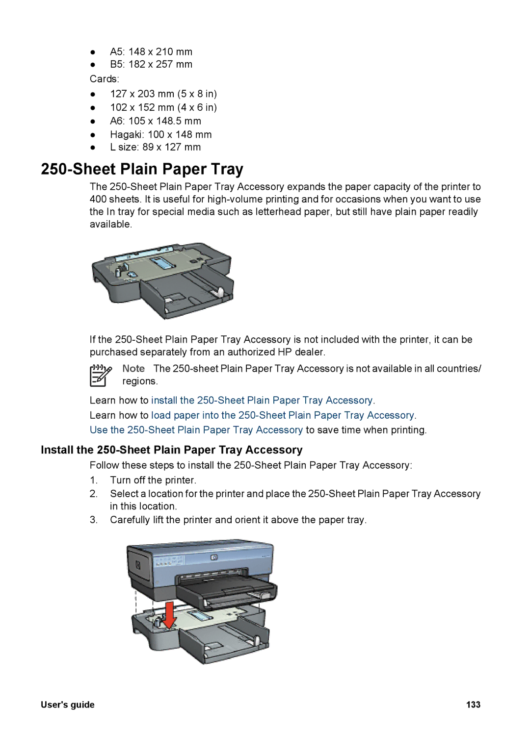 HP 6980 manual Install the 250-Sheet Plain Paper Tray Accessory 