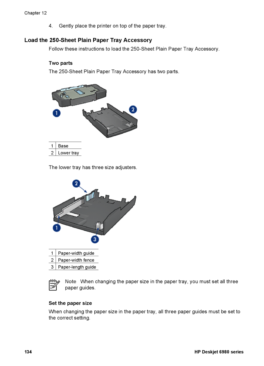 HP 6980 manual Load the 250-Sheet Plain Paper Tray Accessory, Two parts, Set the paper size 