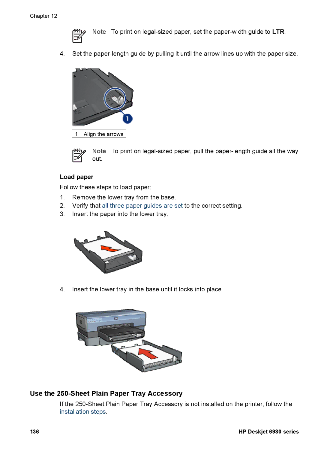 HP 6980 manual Use the 250-Sheet Plain Paper Tray Accessory, Load paper 