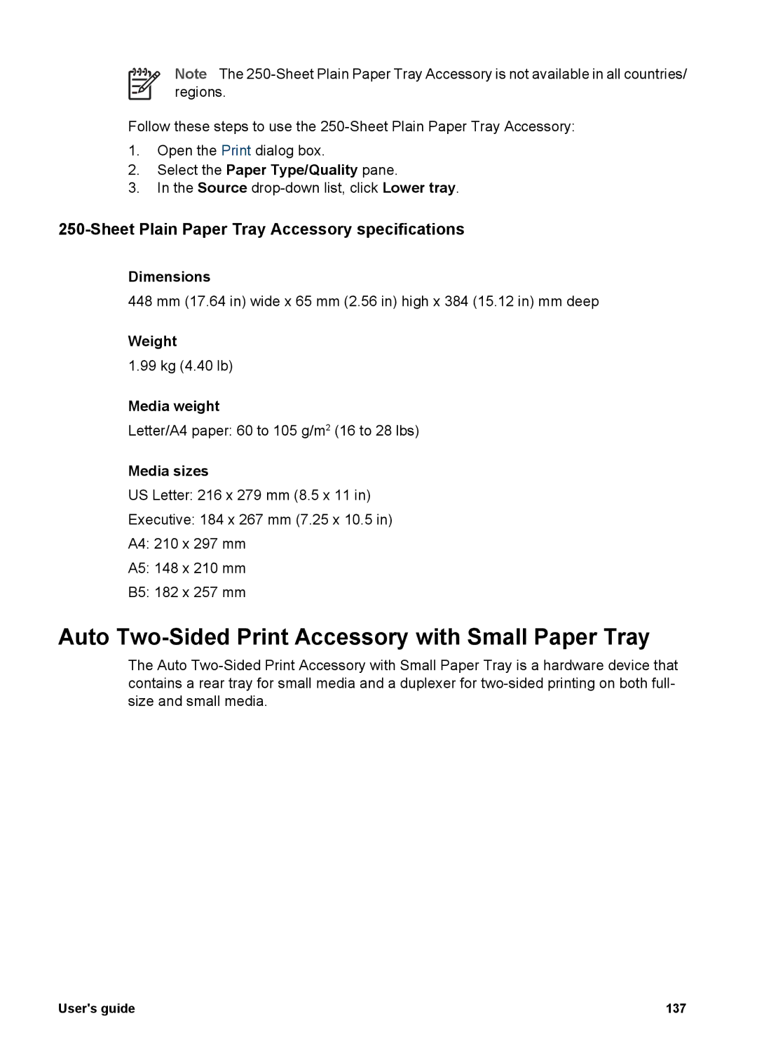 HP 6980 Auto Two-Sided Print Accessory with Small Paper Tray, Sheet Plain Paper Tray Accessory specifications, Dimensions 