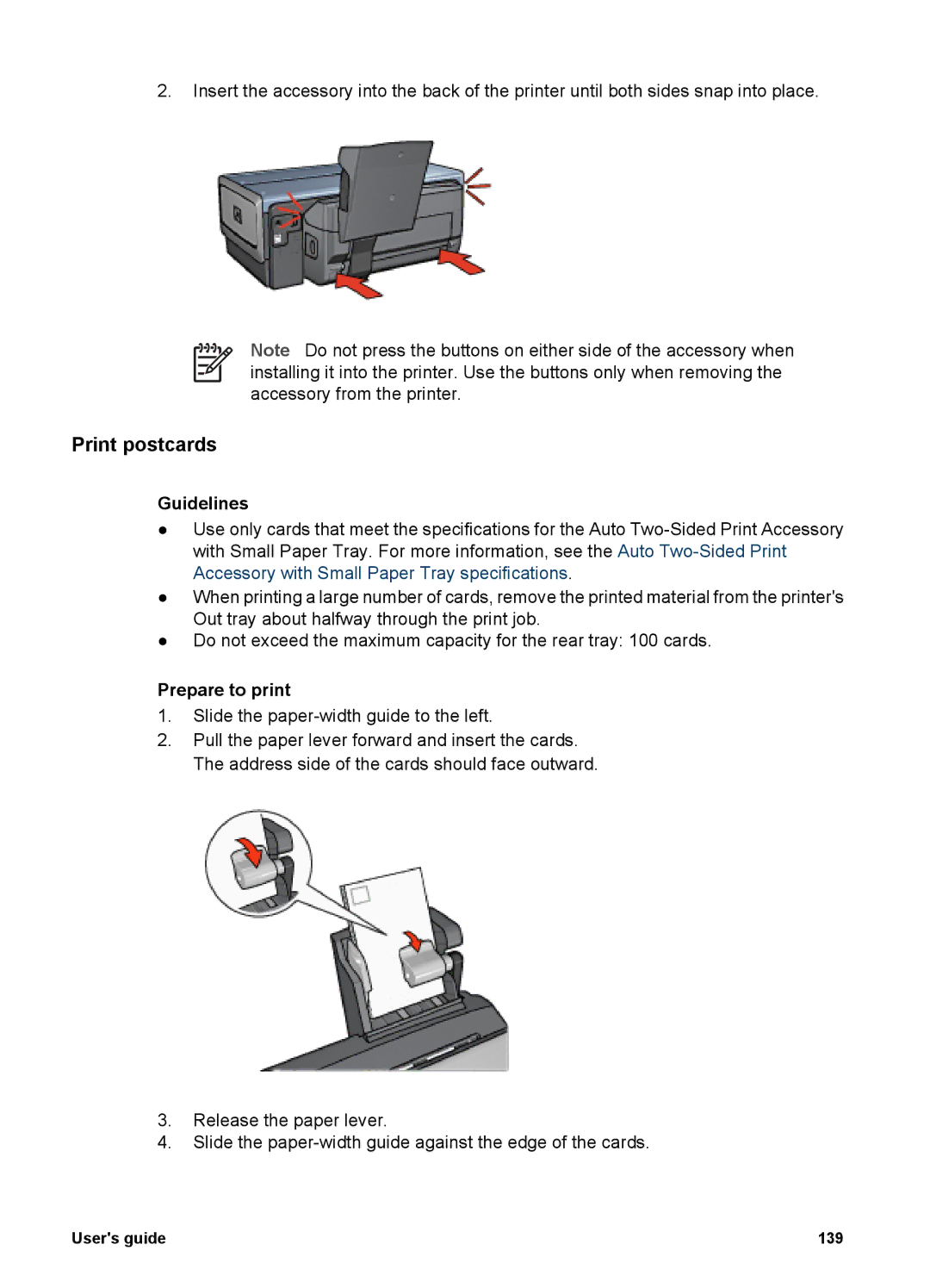 HP 6980 manual Print postcards, Slide the paper-width guide to the left 