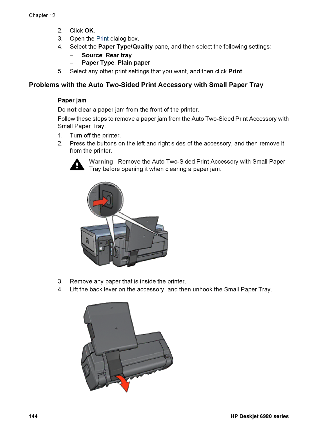 HP 6980 manual Source Rear tray Paper Type Plain paper, Paper jam 